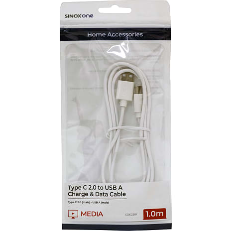 Sinox One USB C til USB A kabel. 1m. Hvid
