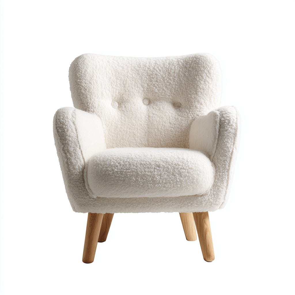 Fauteuil en tissu bouclette blanc avec pieds en bois