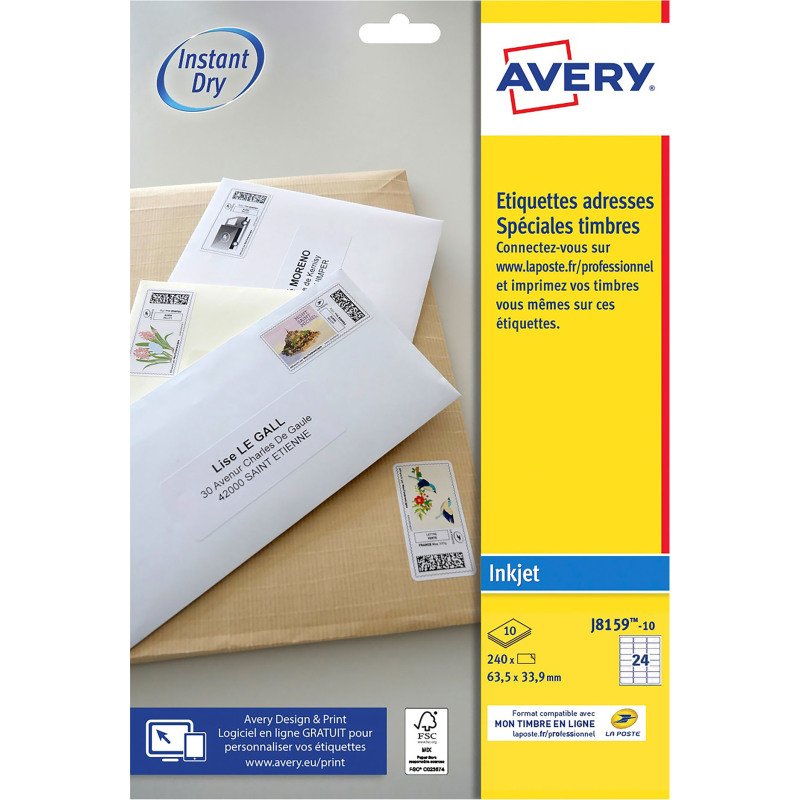 Etiquette timbre 63,5 x 33,9 mm jet d'encre Avery J8159-10 blanche - Boîte de 240