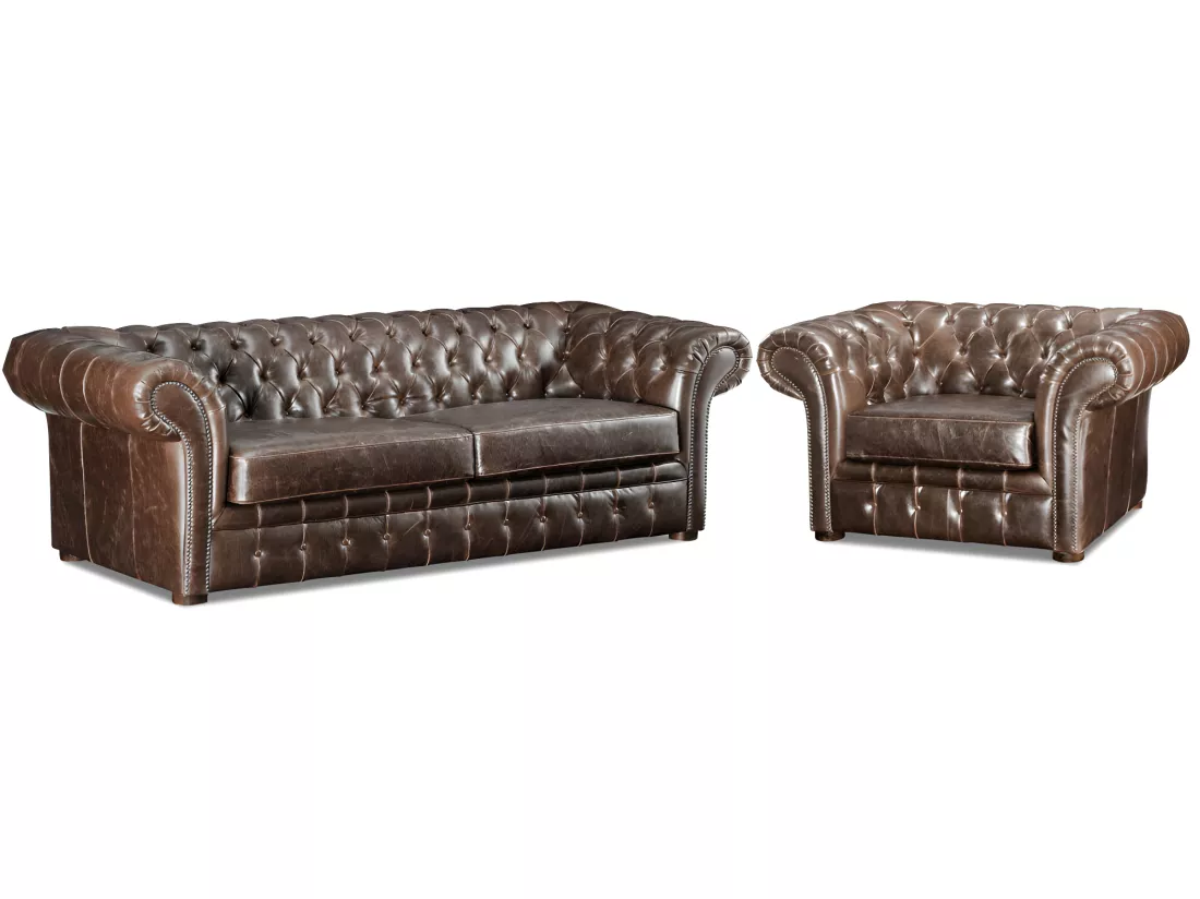 Canapé 3 places et un fauteuil 100% cuir vieilli chesterfield CLOTAIRE