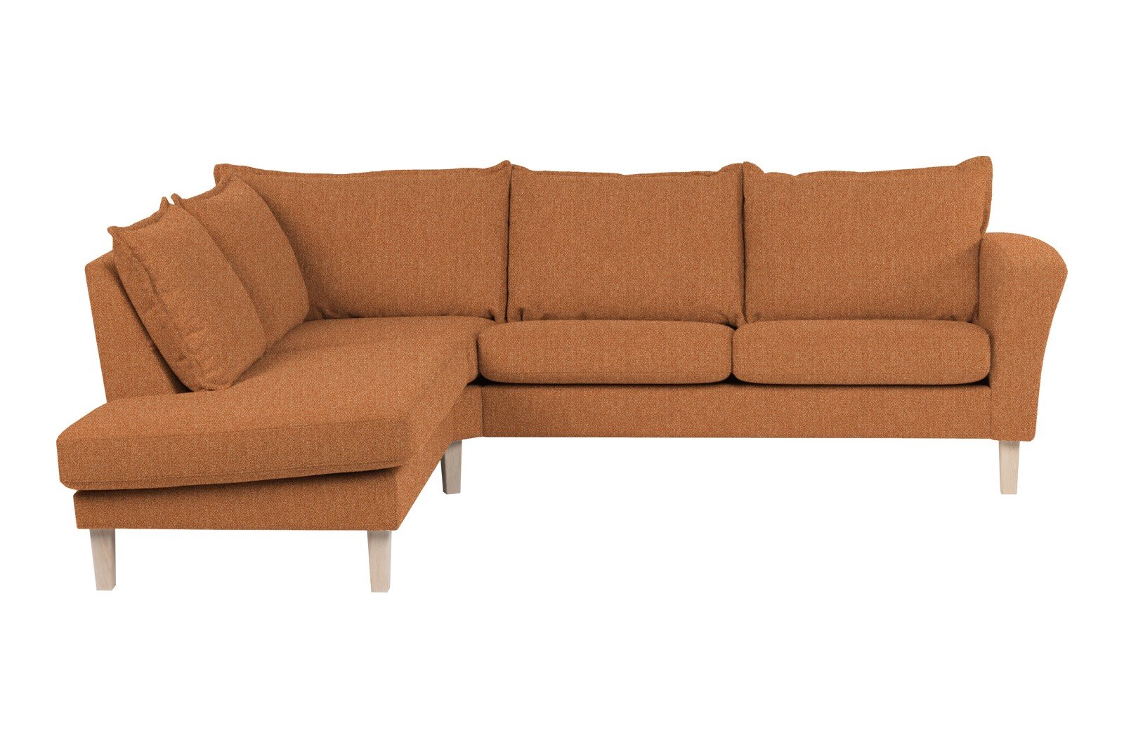 Slogen hjørnesofa Oppsett AV. 2,5-seter med åpen ende venstre. Tekstil Viva Rust med soft ryggpute. Vange A og hvitpigmentert ben 178.