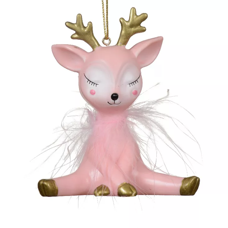 Bébé renne de Noël à suspendre (H10 cm) Incassable Plume Rose