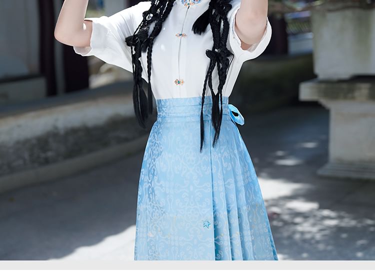 Fioridi - Hanfu-top met elleboogmouwen, bloemenborduursel en knoopjes / Midi-rok met hoge taille en feniksprint