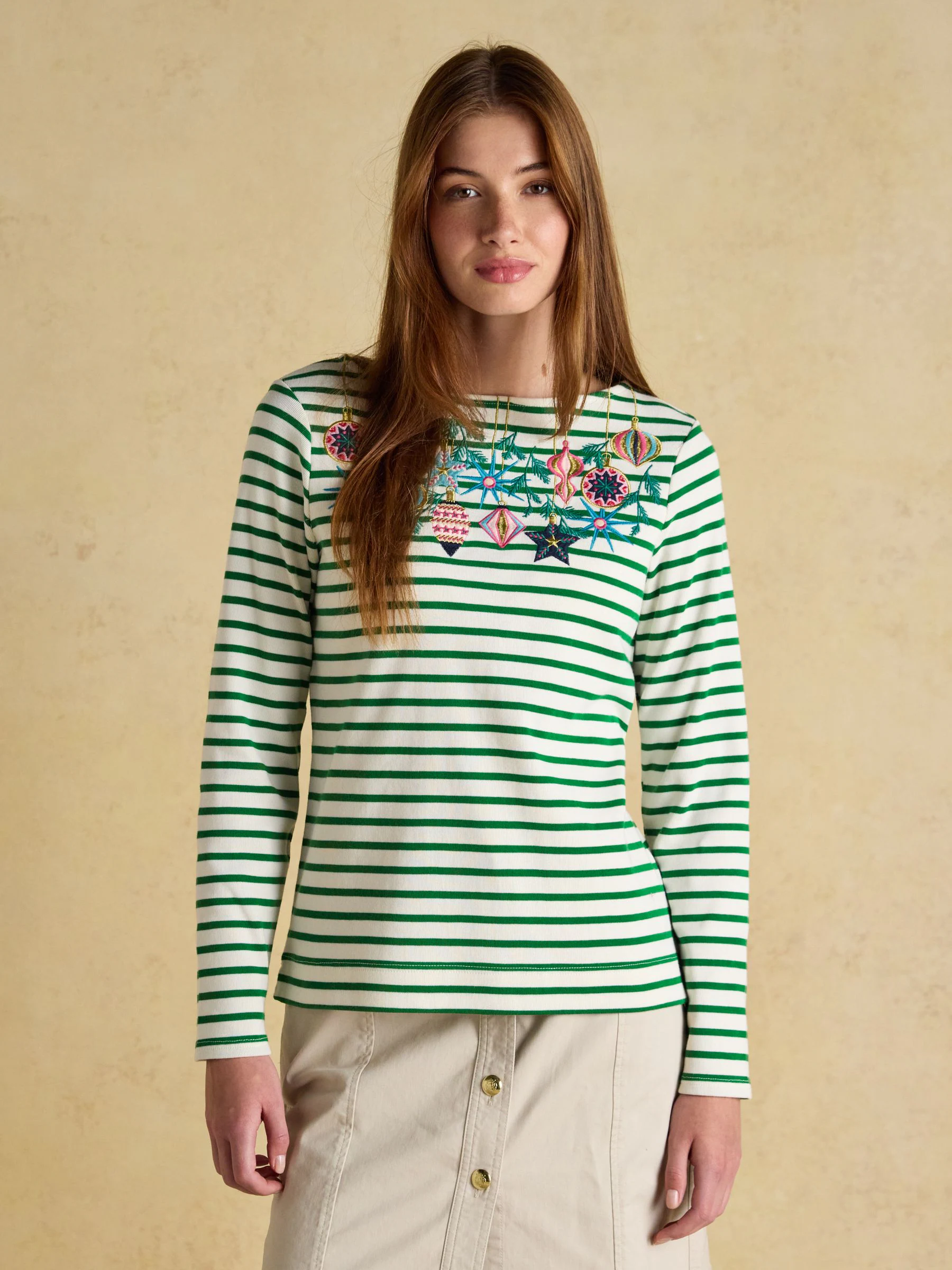 Green/White Bauble - Joules Christmas Harbour Boat Neck Breton Top
