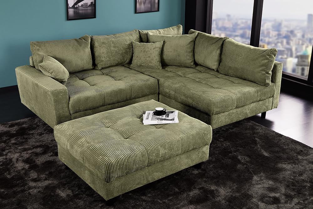 Riess Ambiente Modernes Ecksofa Kent 220cm - grün - Cord inkl. Hocker L-Form Wohnlandschaft mit Federkern bequem Couch