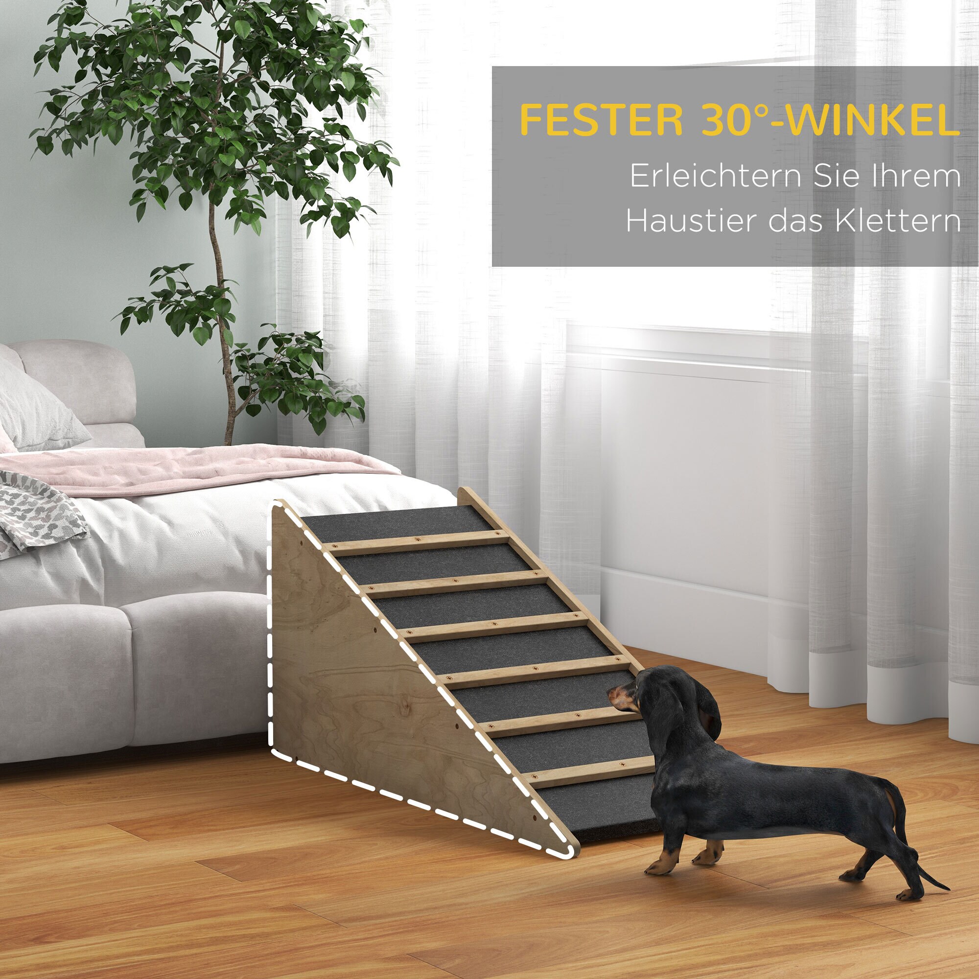 PawHut Haustierrampe mit Neigungswinkel von 30° natur, schwarz 90L x 40B x 45H cm