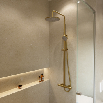 Atlantic regendoucheset Asher met handdouche 3 standen en thermostaatkraan goud - - hartafstand kraan 15 cm