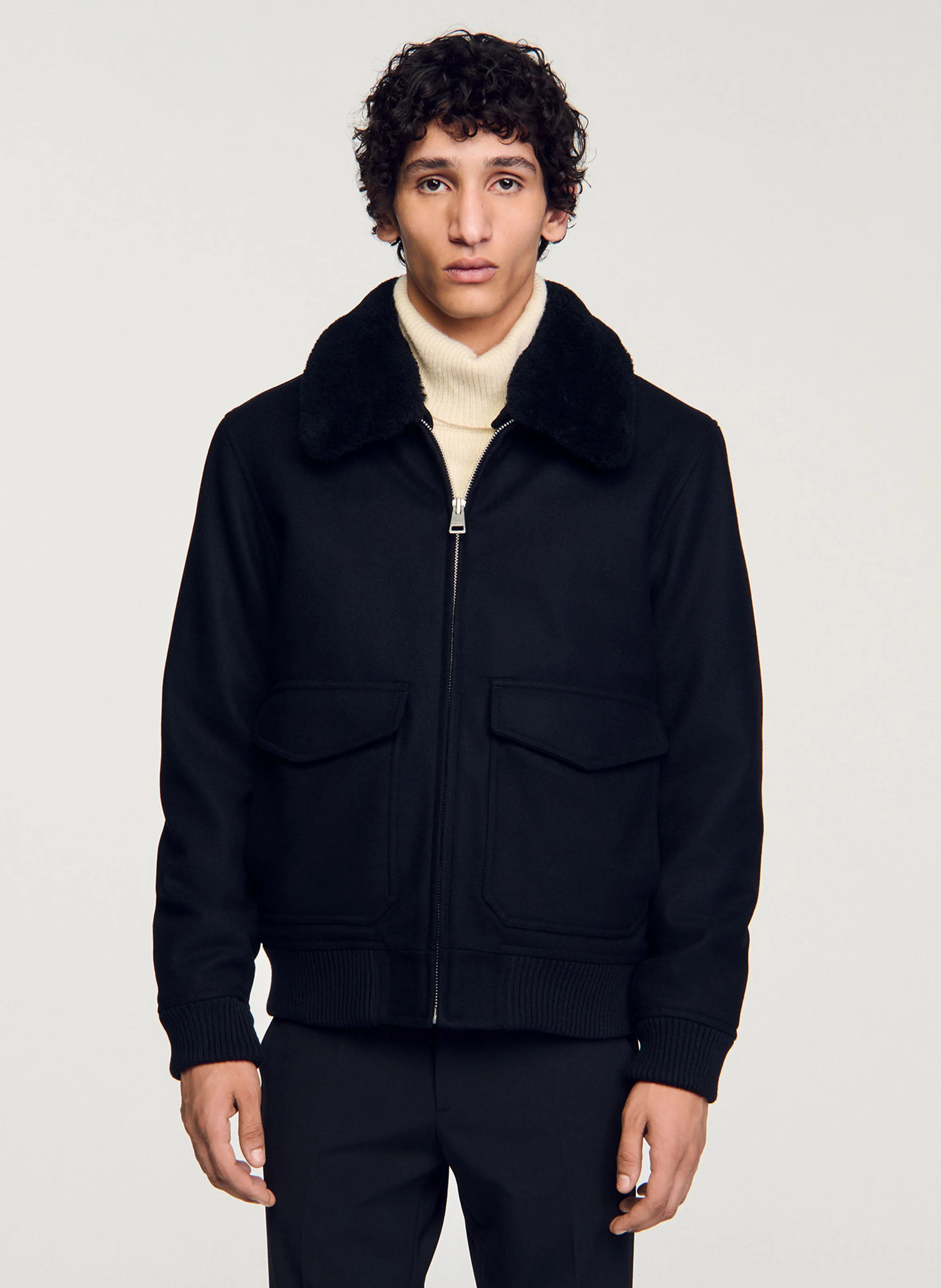 Blouson zippé en laine mélangée | Noir