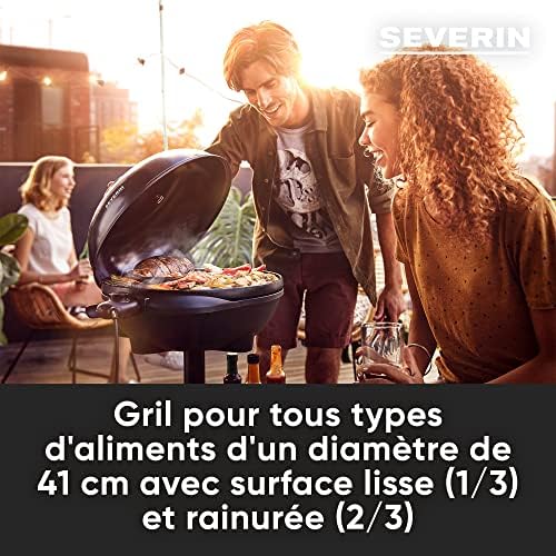 SEVERIN Barbecue électrique 2 000 W avec grille en fonte d'aluminium, Barbecue sur pieds avec couvercle et thermomètre intégré, eBBQ avec grande surface de cuisson lisse et rainurée, Noir, PG 8541 : Jardin