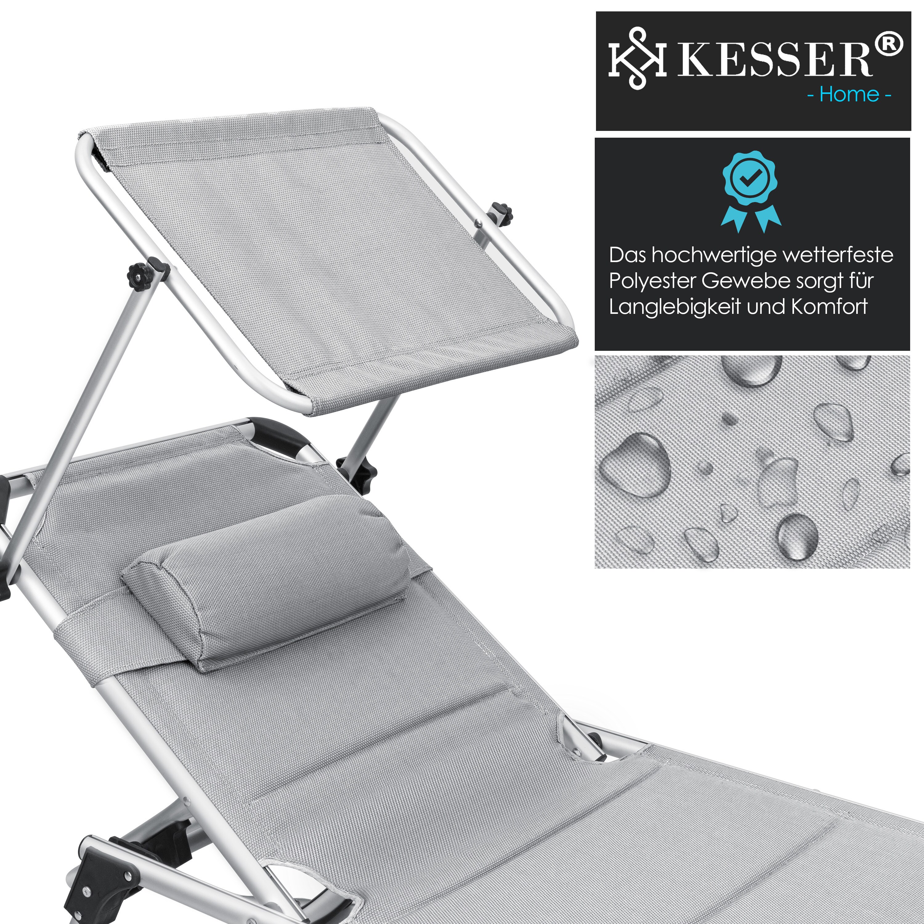 KESSER® Sonnenliege SUN mit Dach Gartenliege Liegestuhl klappbar Sonnendach Verstellbarer Rückenlehne , ergonomisch, gepolsterter Liegefläche, Aluminium Liege Gartenstuhl tragbar Strandliege