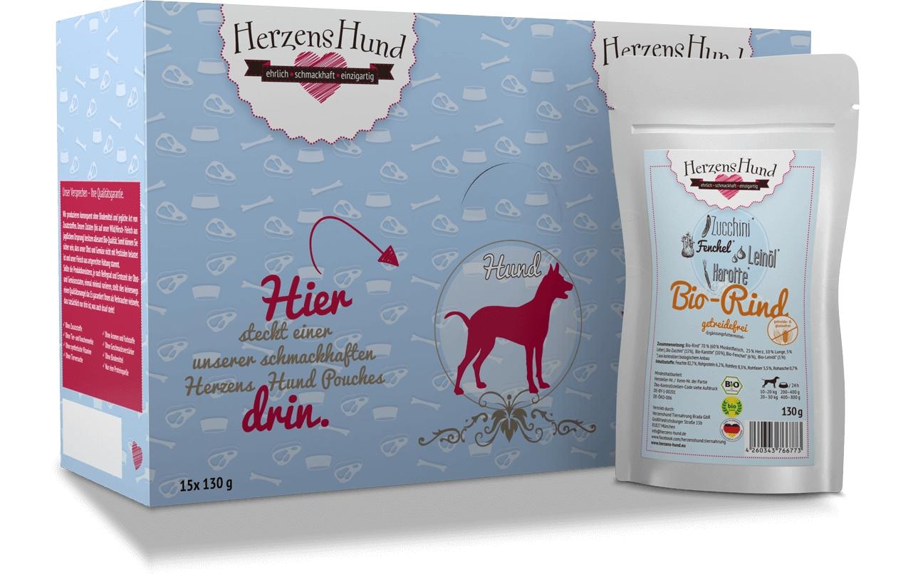 Nassfutter Getreidefrei Bio-Rind mit Bio-Zucchini, 130 gPremium Bio-Ergänzungsfuttermittel für erwachsene Hunde