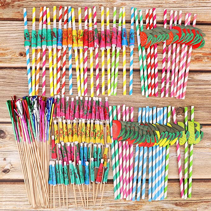 (130-tlg. Set) Party Getränke Deko Papier Strohhalme / Cocktail Schirmchen / Feuerwerk Sticks - Bunt