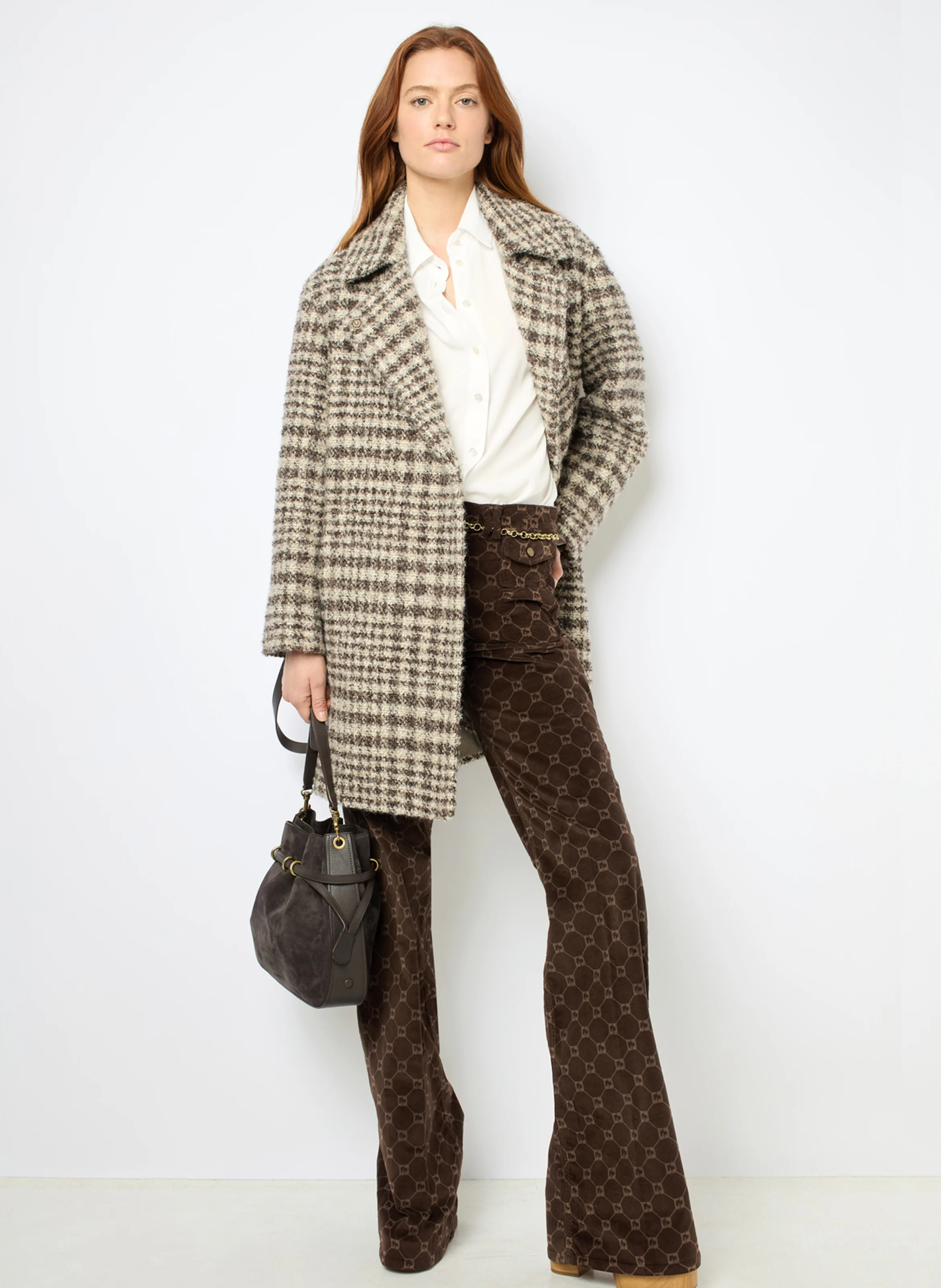 LEOPOLDINE - Manteau col tailleur à carreaux | Marron