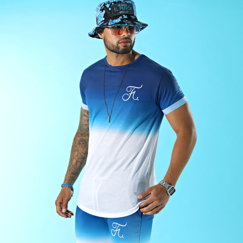 Tee Shirt Oversize Dégradé Avec Broderie 015 Bleu Et Blanc