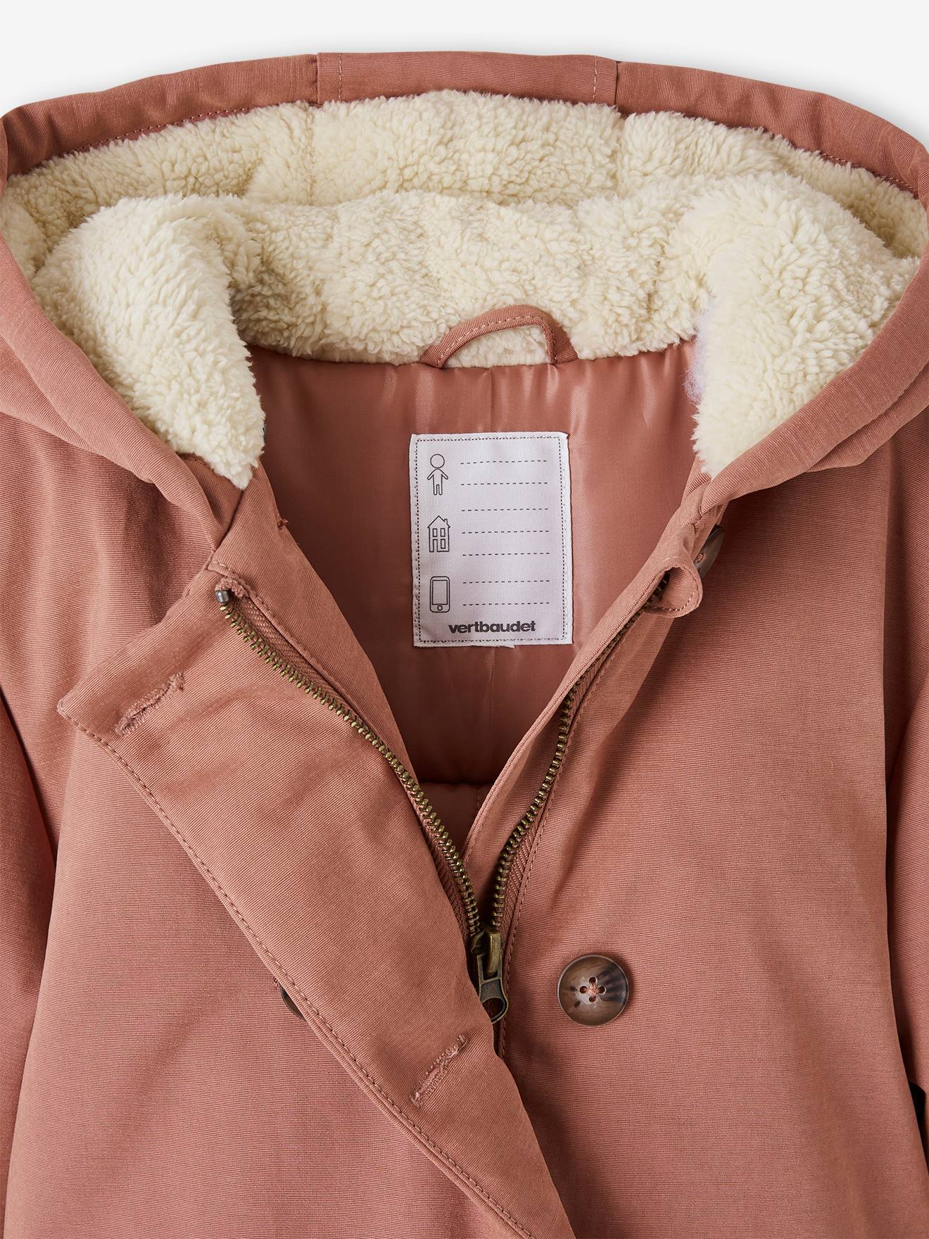 Parka chique com toque de pele de pêssego e capuz para meninas em rosa claro.