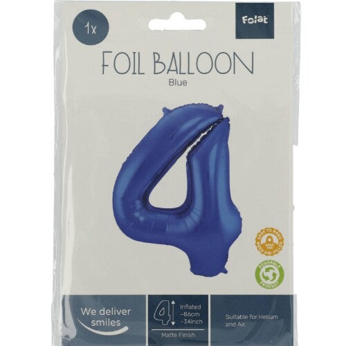 Cijferballon vier - metallic matblauw - 86 cm