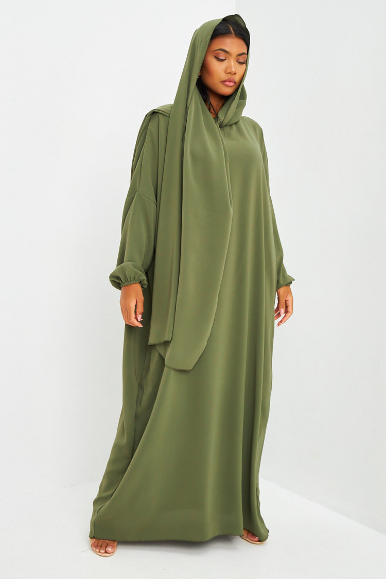 Abaya kaki ample avec voile intégré