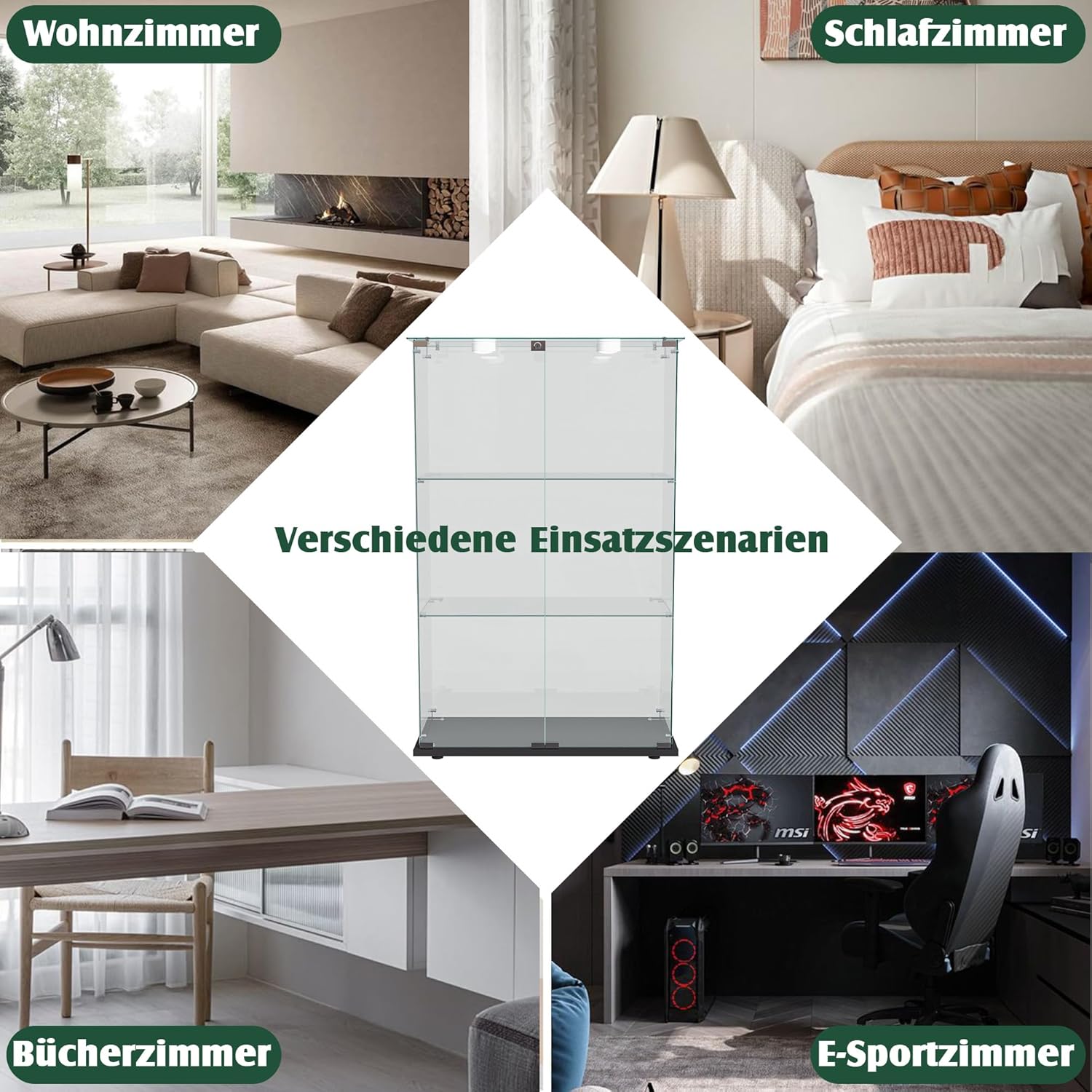 Vitrine für Sammlungen, groß, Glasvitrine mit Licht, 123,3 x 35 x 78,5 cm, Vitrine mit Rollen und LED, 2 Türen, 3 Einlegeböden, transparent (2 Türen, 3 Etagen, Schwarz + Rad)