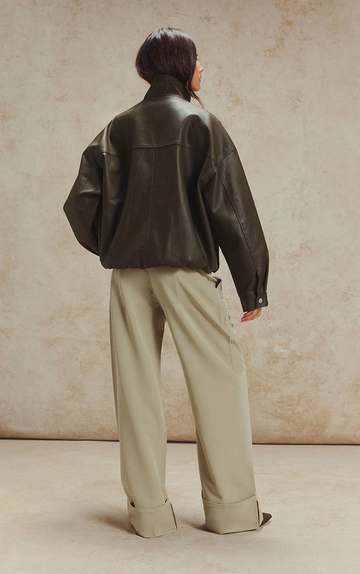 Vert Sauge Pantalon Large Plissé Ajusté En Tissu Tissé