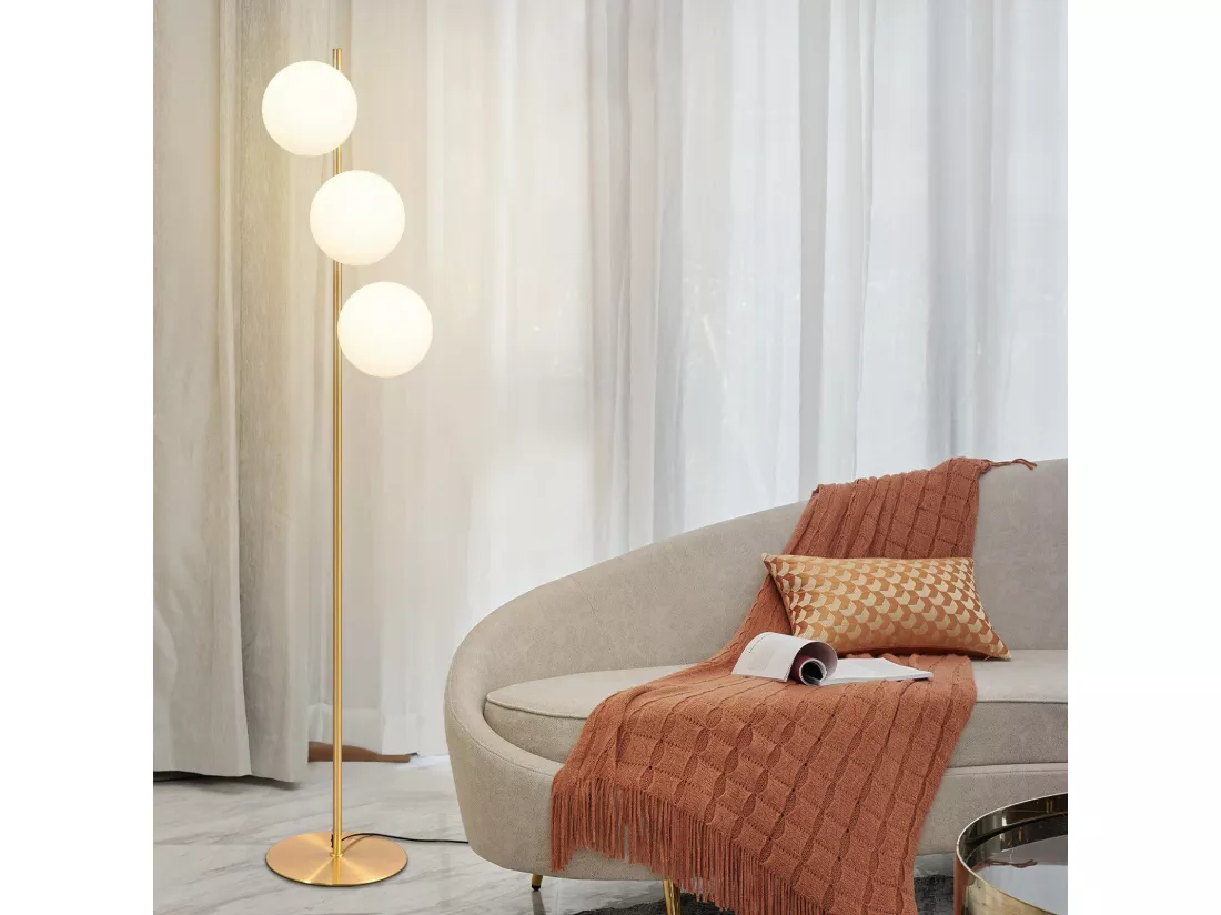 NETTLIFE Lampadaire Moderne - Lampadaire Salon E27 Or Design Lampe à 3 Flammes avec Interrupteur à Pied Métal Blanc Verre Industriel Lampe de Sol