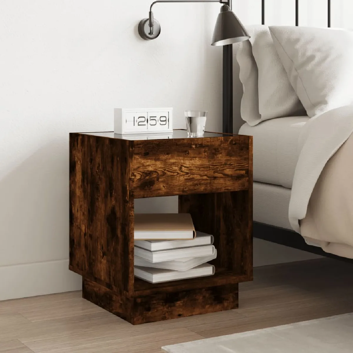 vidaXL Table de chevet LED - Chêne fumé
