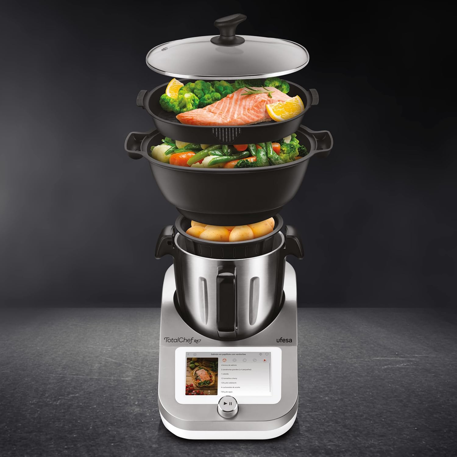 Ufesa TotalChef RK7 Küchenmaschine mit WLAN, Multifunktions Küchenroboter mit Kochfunktion, Kochroboter 30 Funktionen, 4.5L, 7-Zoll-Touchscreen, Interaktives Rezeptbuch, Amazon-Exklusiv,Silber / Weiss