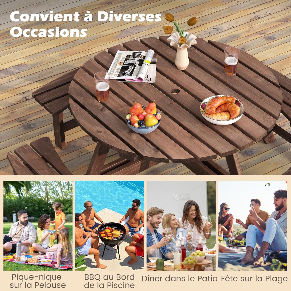 Ensemble Table de Pique-Nique en Bois pour 2 à 8 Personnes Set Table et Banc Circulaire avec 4 Bancs Intégrés Trou de Parasol de 5cm Marron/Jaune - Lidl-Manfred