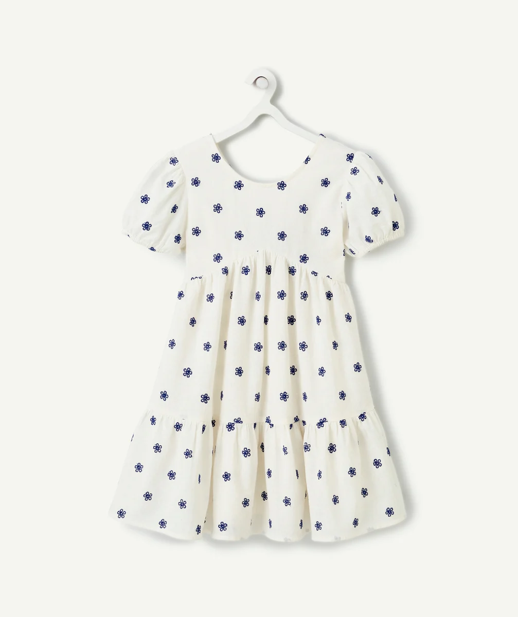 robe fille en coton écru et imprimée avec fleurs brodées bleues