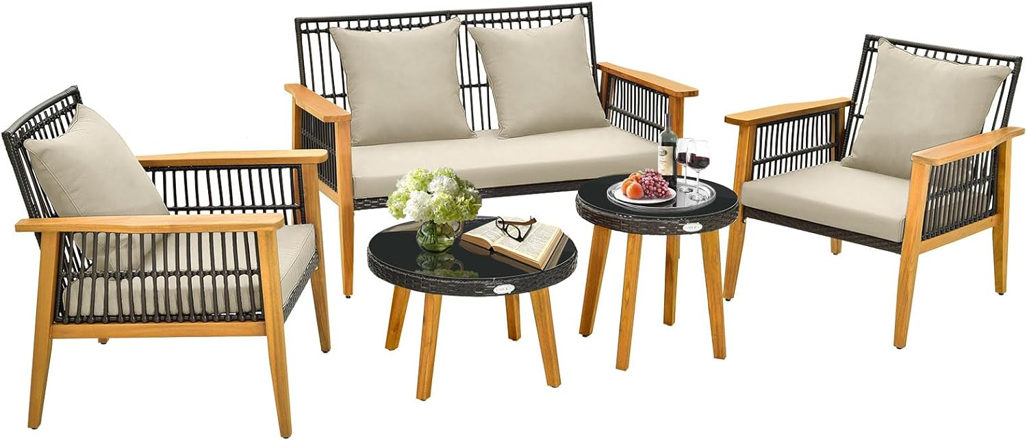 COSTWAY 5-teiliges Rattan Gartenmöbel Set Akazienholz, Gartenbank & 2 Gartenstühle & 2 Couchtische, Sitz- und Rückenkissen, Terrassenmöbel Polyrattan Sitzgruppe für Hinterhof, Poolbereich