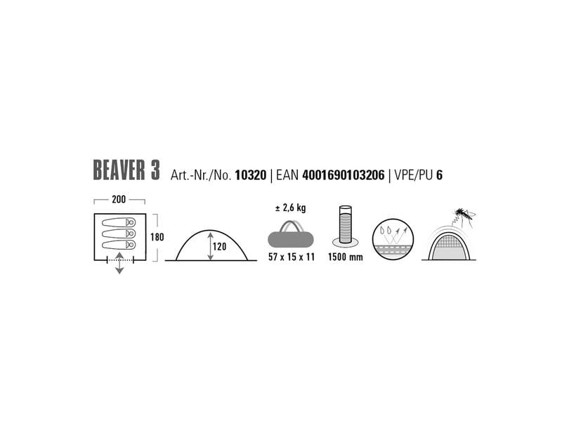 High Peak Zelt Beaver 3, Schwarz Familienzelt mit wetterfestem Vordach