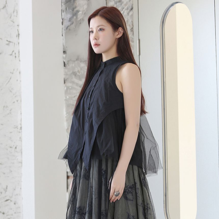 SIMPLE BLACK - Mouwloos effen mesh paneel asymmetrisch overhemd