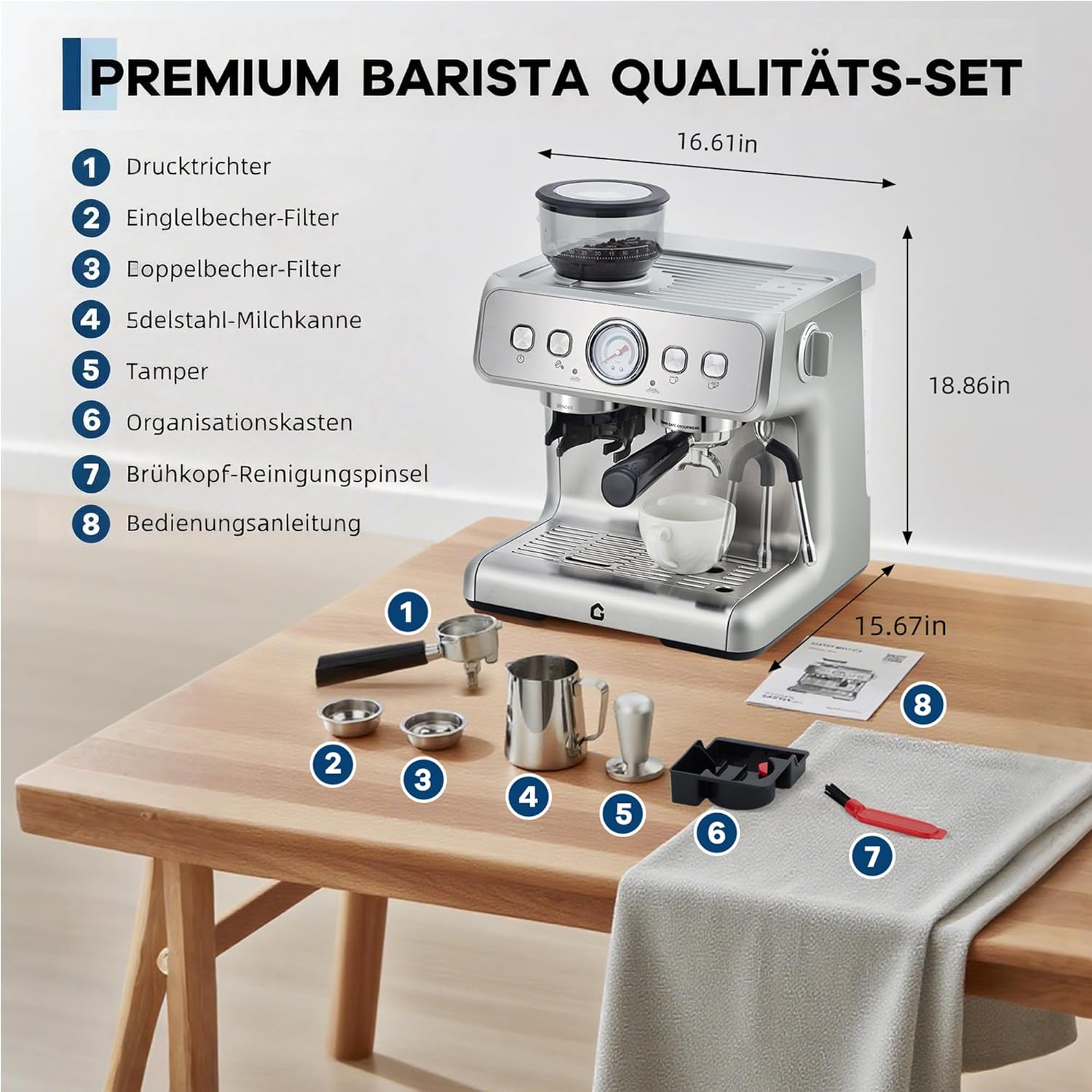 Espressomaschine mit Kegelmahlwerk & 20 Bar Druck Kaffeemaschine- Vollautomat mit 2,8L Wassertank, Dampfrohr, Heißwasser & 30 Mahlstufen - Für Einzel-/Doppeltassen mit Manometer Kaffeemaschine