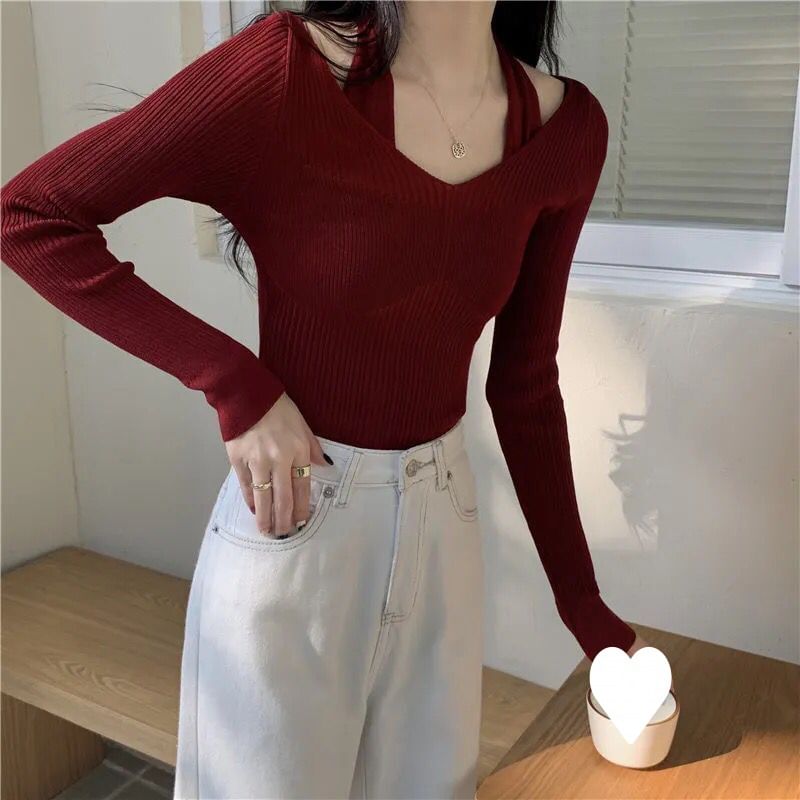 Hevnir - Tweedelige geribbelde, slim fit gebreide top met lange mouwen en halternek