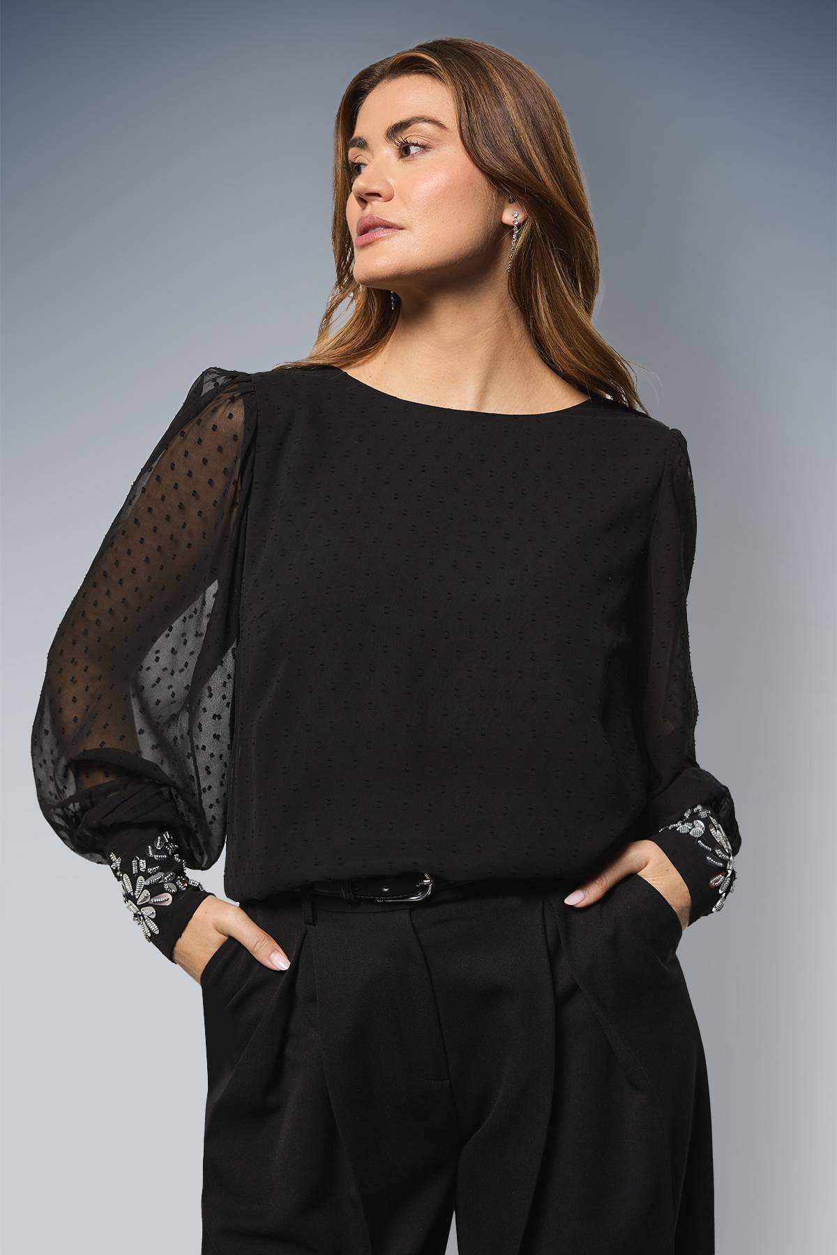 Wallis Blouse d'Occasion à Poignets Ornés en Dobby