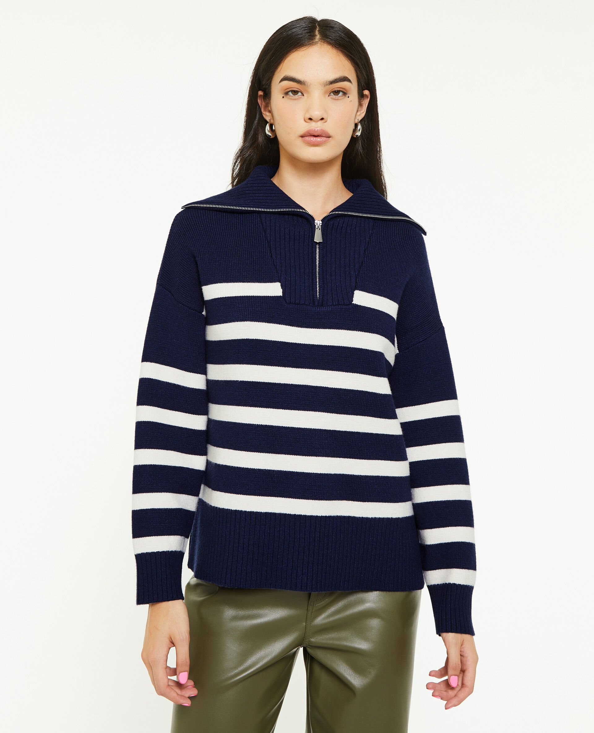 Pull droit col camionneur rayé - Bleu marine