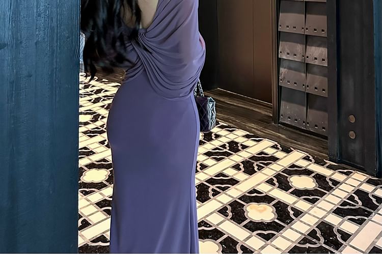 JIYON - Maxi-jurk met één schouder, effen gerimpeld en bodycon-motief