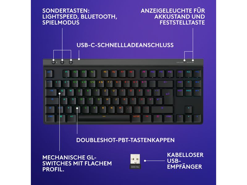 Logitech Gaming-Tastatur G515 Lightspeed TKL Schwarz Ultradünne drahtlose Gaming-Tastatur