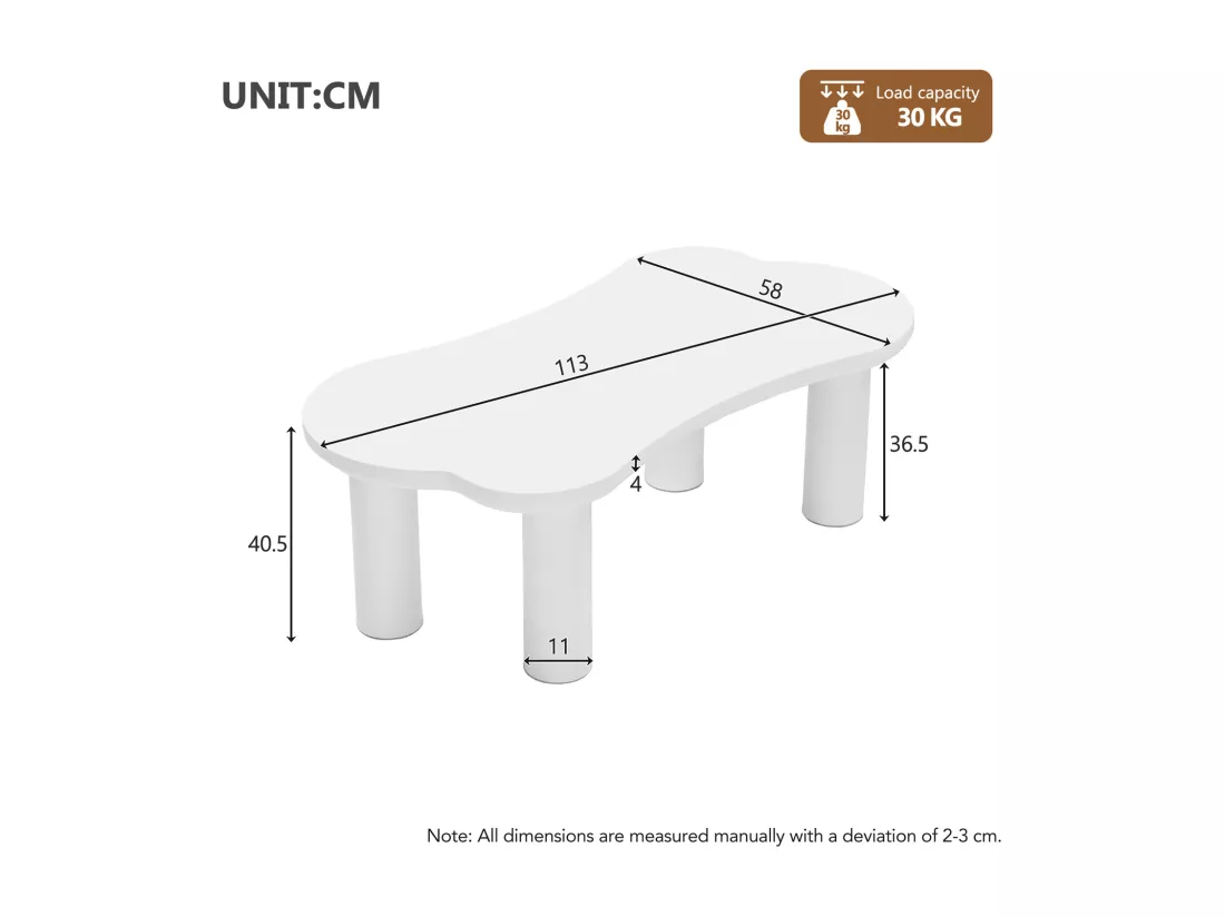 Table basse irrégulière en forme d'os, plateau en MDF et pieds en PVC, table basse unique avec sous-couches en feutre, dimensions : 113 cm de longueur, 58 cm de largeur, 40,5 cm de hauteur