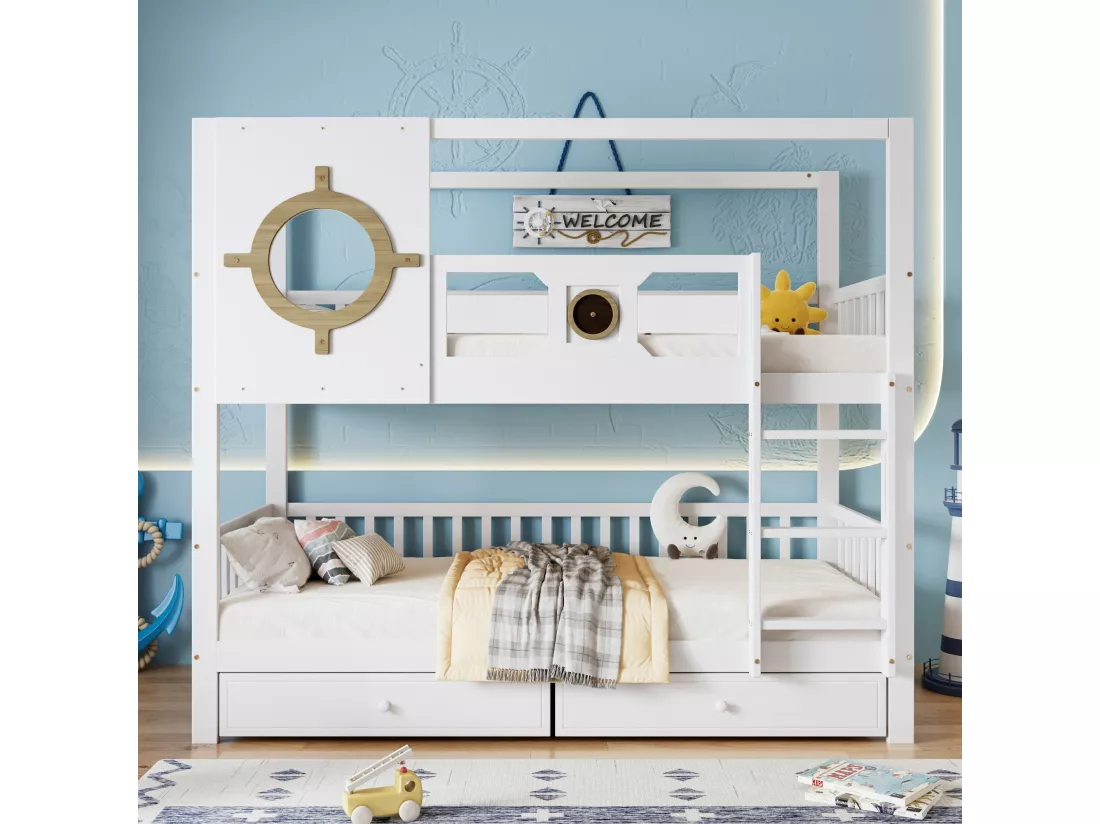 Lit superposé pour enfants 90x200 cm, avec toit et fenêtre, rails anti-chute, tiroirs, blanc + couleurs naturelles