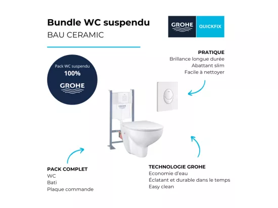 Pack WC sans bride Bau Ceramic Slim + abattant + Bati support autoportant + Plaque commande ovale blanc