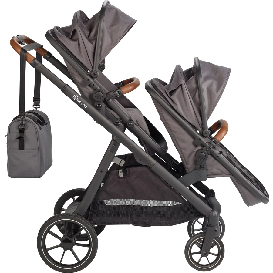 babyGO Geschwisterwagen Duo Grey  brown grip