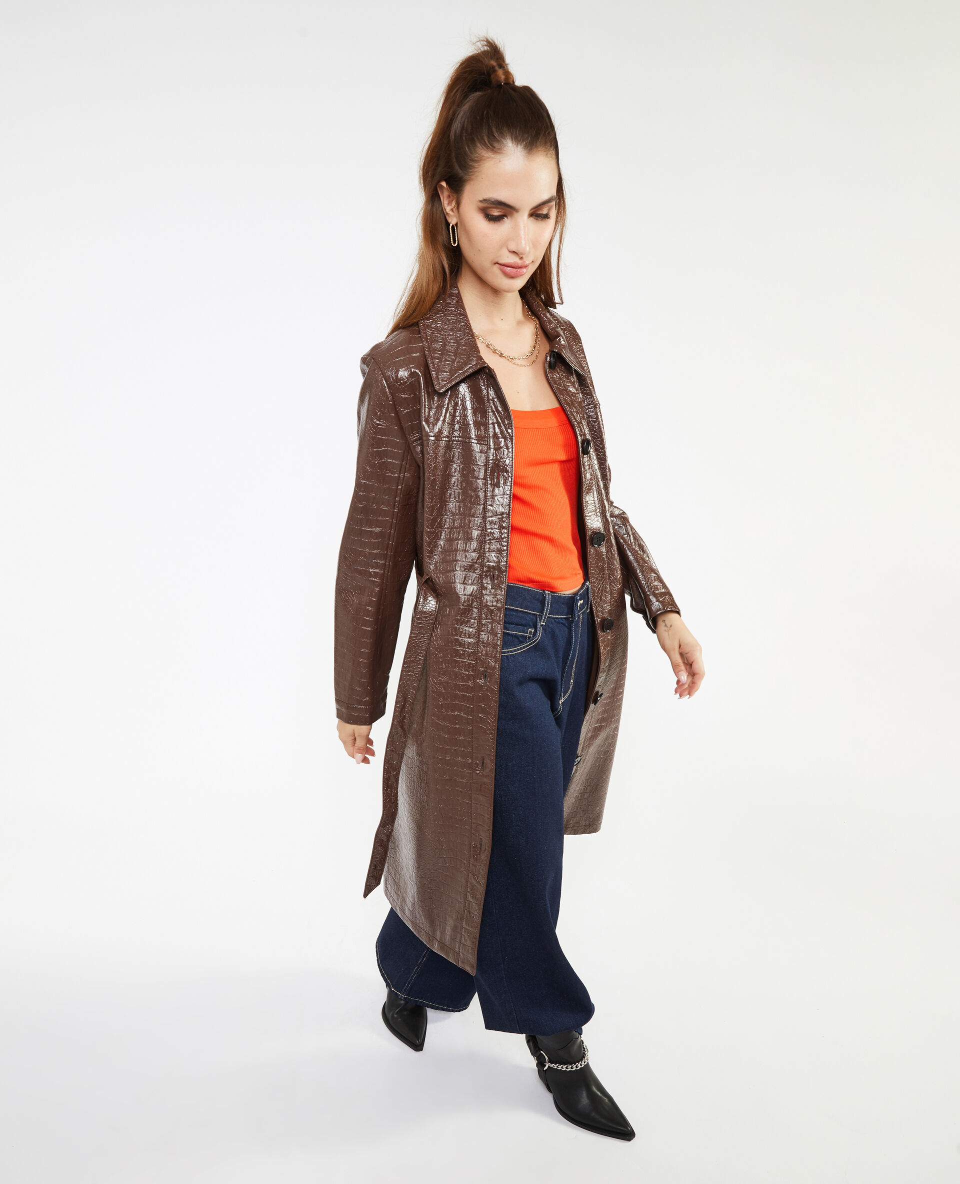 Manteau ceinturé effet croco - Marron