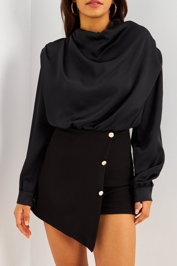 Combishort bi-matière noire style jupe-short