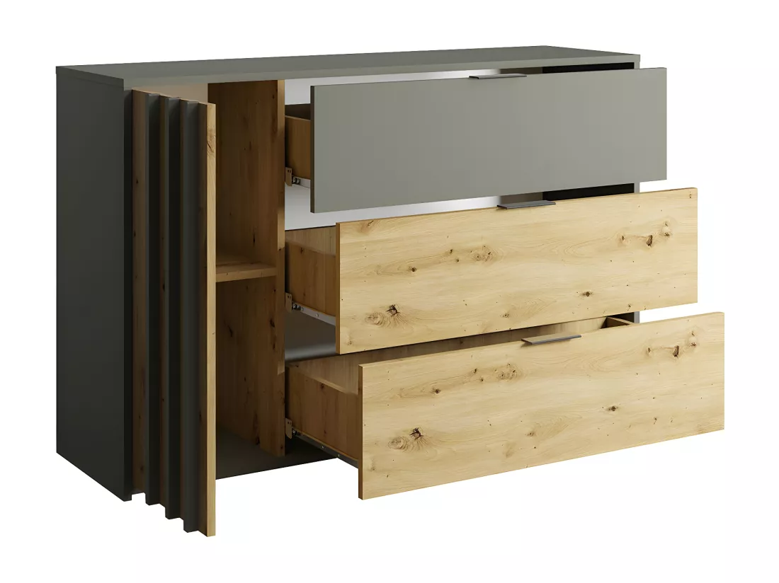 Commode design 3 tiroirs et 1 porte. Collection IZO coloris gris anthracite et chêne clair.