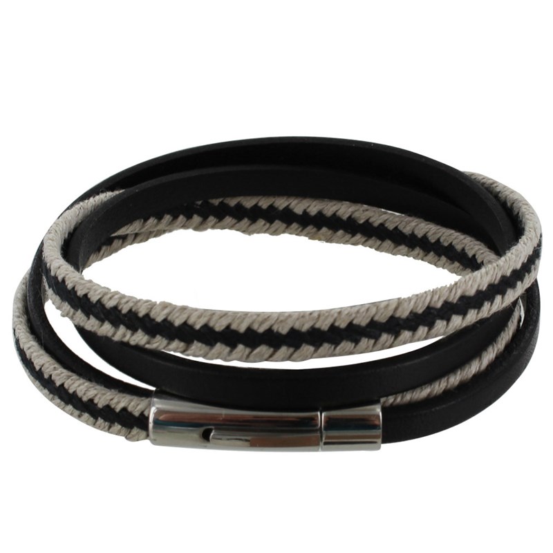 Bracelet Homme Double Tour Cuir Noir Tresse en Lin Noir et Beige