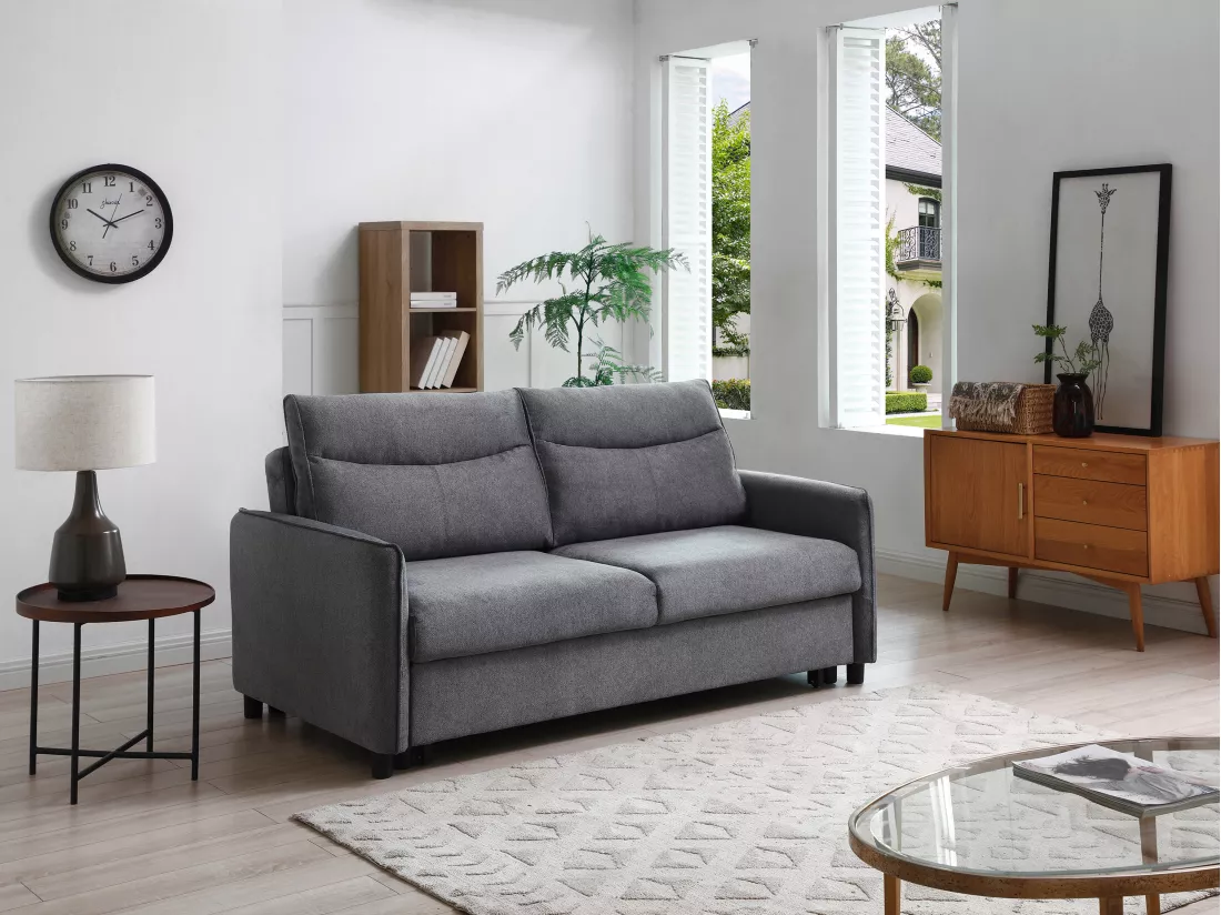 Canapé 3 places convertible en tissu gris IPANEDA