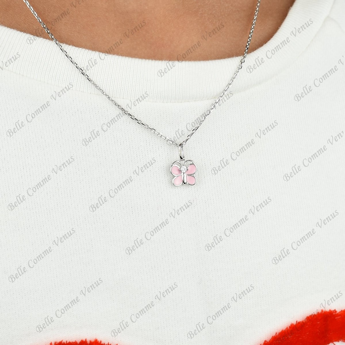 Collier papillon émail rose et oxyde de zirconium Argent 925 Rhodié