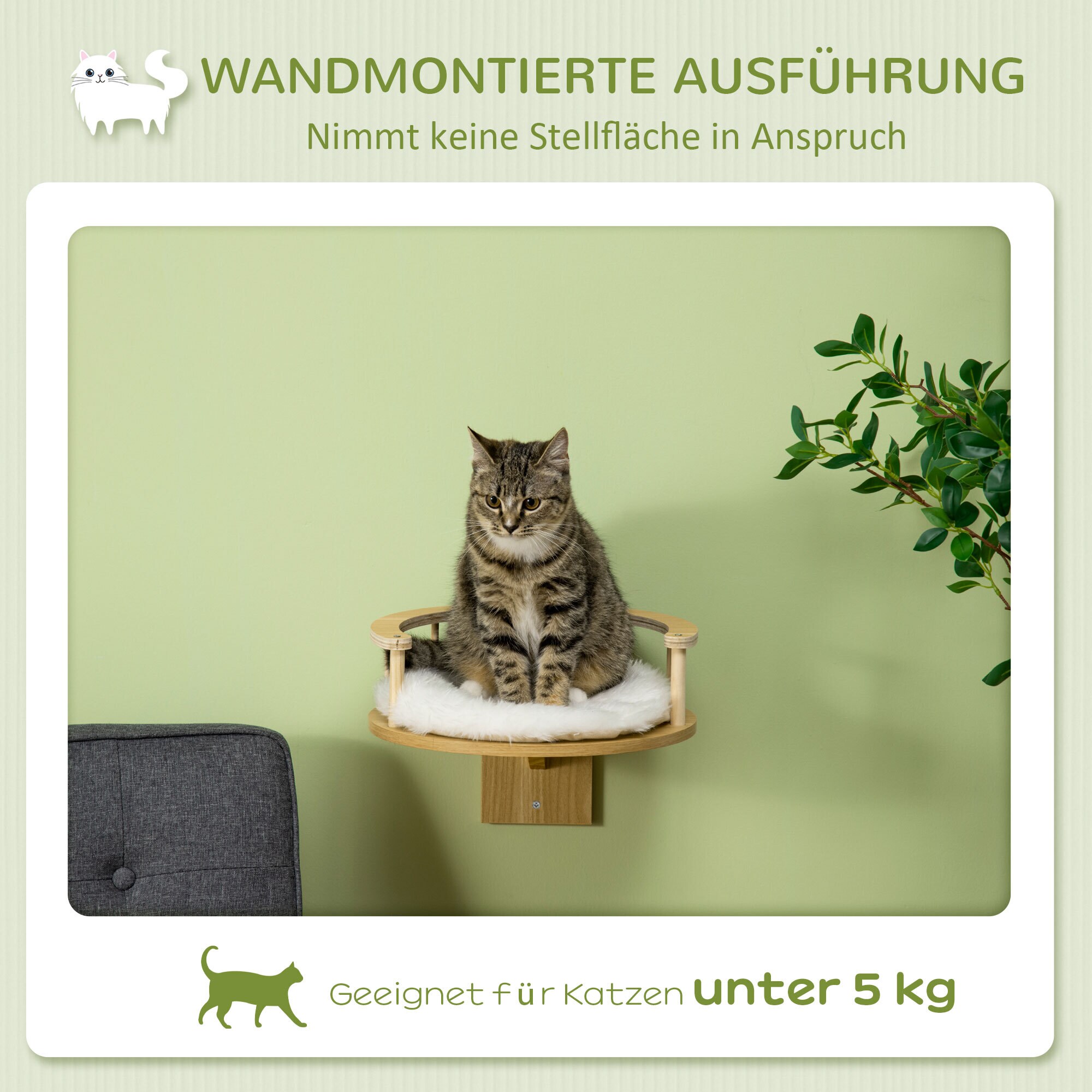 PawHut Katzen-Wandregal mit Schutzrand und Polsterung natur, weiß 34L x 34B x 10,5H cm