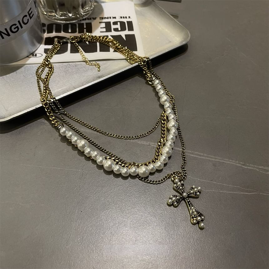 Lilafey - Kruis strass hanger imitatie parel gelaagde ketting