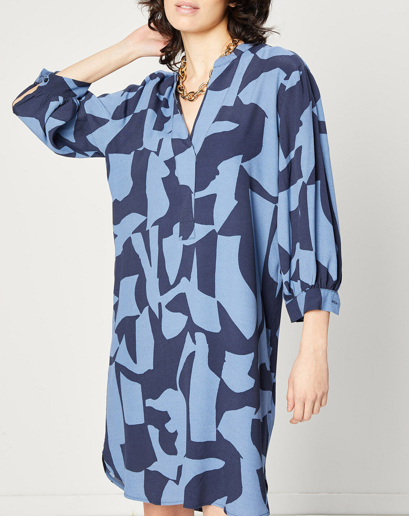 Esprit Robe caftan manches longues Col V bleu/nuit